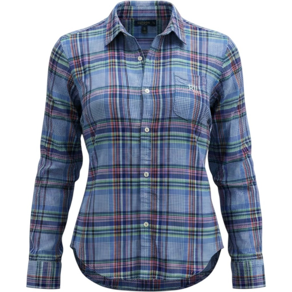 Lauren Ralph Lauren Womens Blue Plaid Roll Tab Button Down Shirt Large RLL Logo